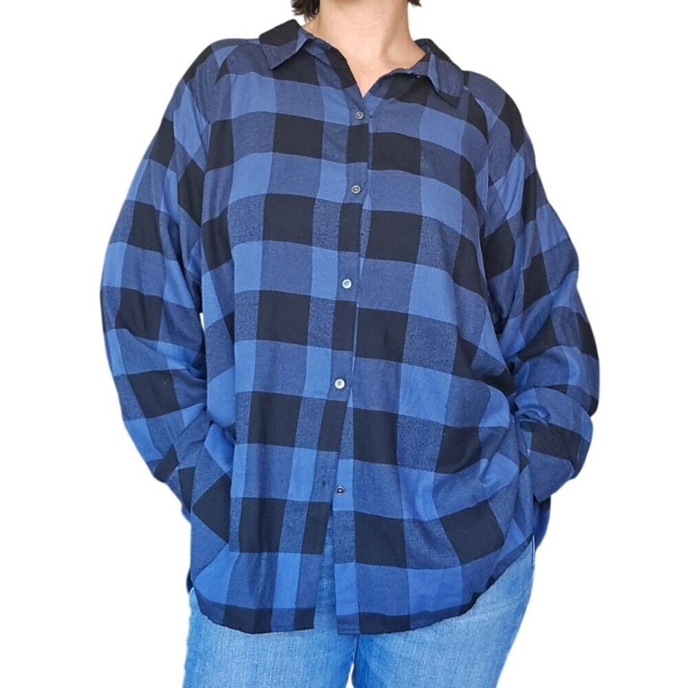 Westbound Blue Black Check Button Down Shirt Women 2X Fall Western Boho Grunge